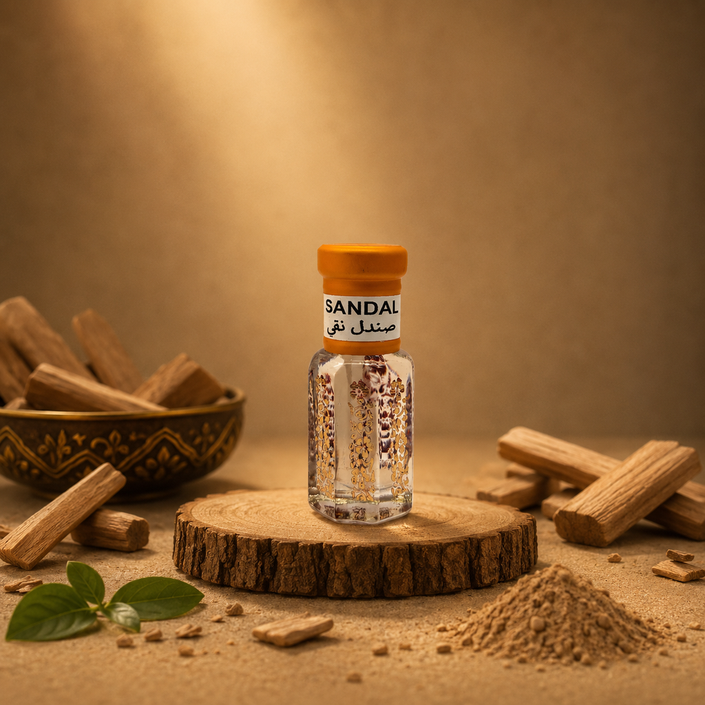Original Chandan Itra sandal attar perfume with a rich woody fragrance, long-lasting premium ittar for men and women, perfect for daily wear and special occasions.