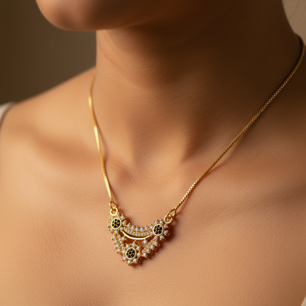 Black CZ Crescent Pendant close-up on neck