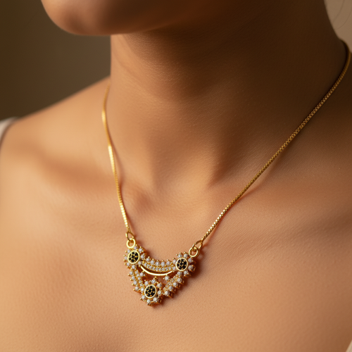 Black CZ Crescent Pendant close-up on neck